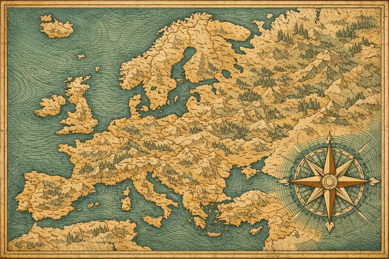 Une carte ancienne de l'Europe aux reliefs dessinés et à la mer teintée de vert, avec une rose des vents en bas à droite et un cadre doré.