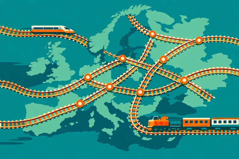 Une carte stylisée de l'Europe en turquoise, parcourue de voies ferrées orange sur lesquelles roulent plusieurs trains.