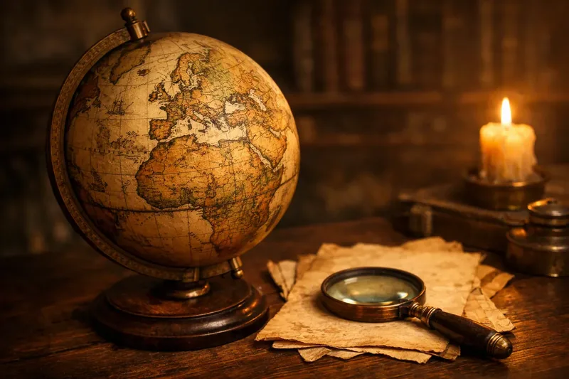 Un globe terrestre ancien sur un bureau en bois, à la lueur d'une bougie, à côté de vieilles feuilles et d'une loupe.